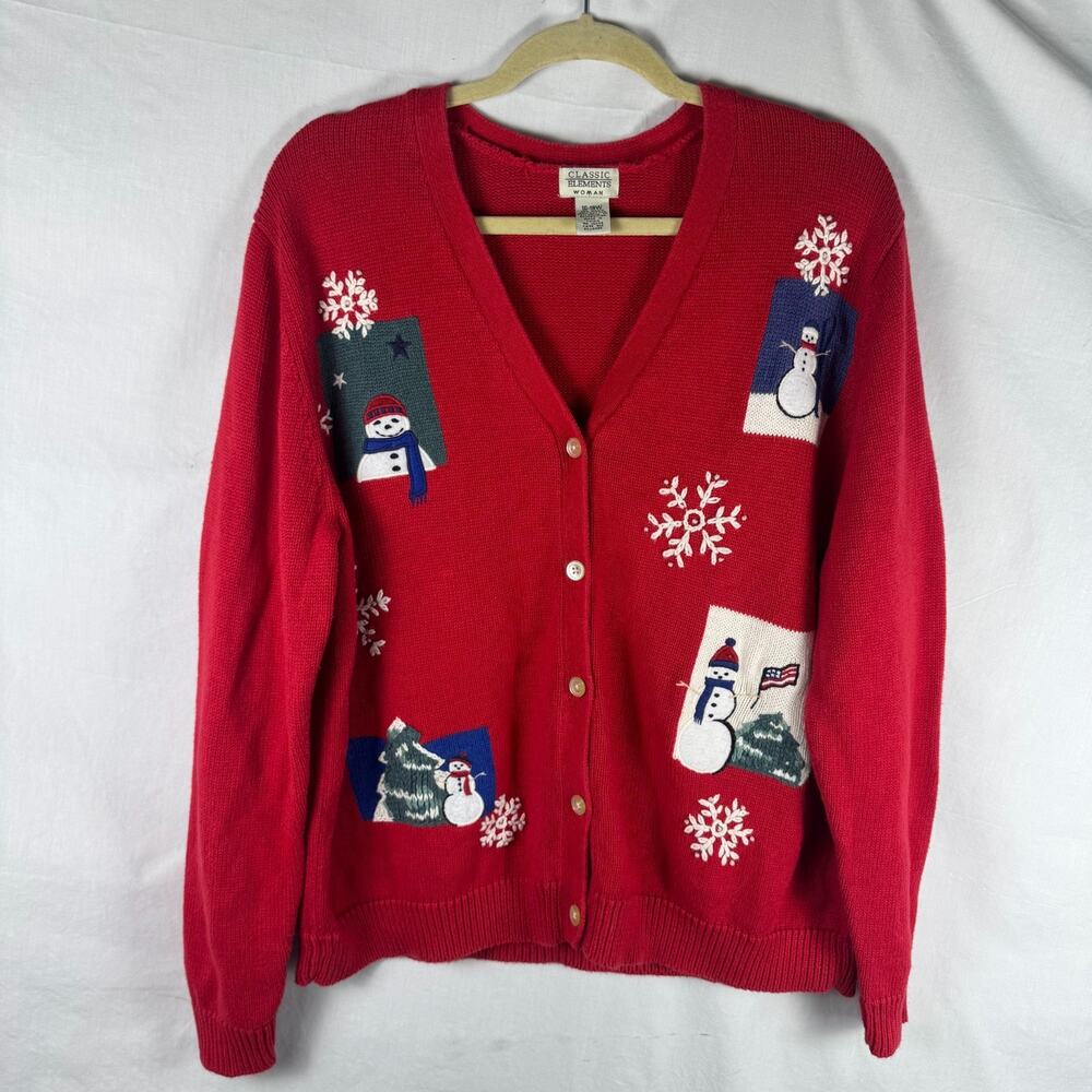 VTG Classic Elements 16-18W Snowman Button Down Cardigan, Red Christmas Holidays